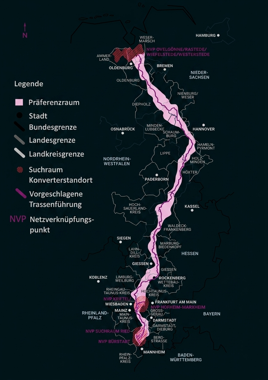 Karte von Deutschland mit rosa Trassenkorridor, markierten Städten, Suchräumen und Legende